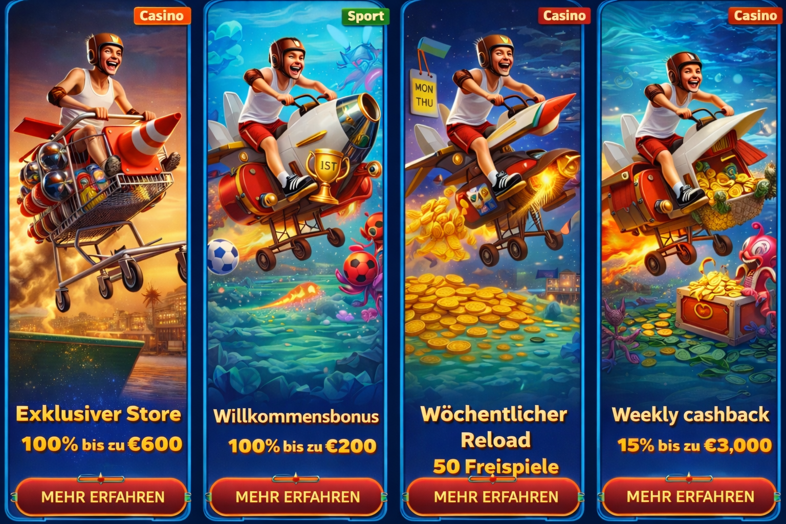 Smiling man holding phone with ‘50 free spins’ offer, standing over pile of gold coins, promoting weekly reload bonus.